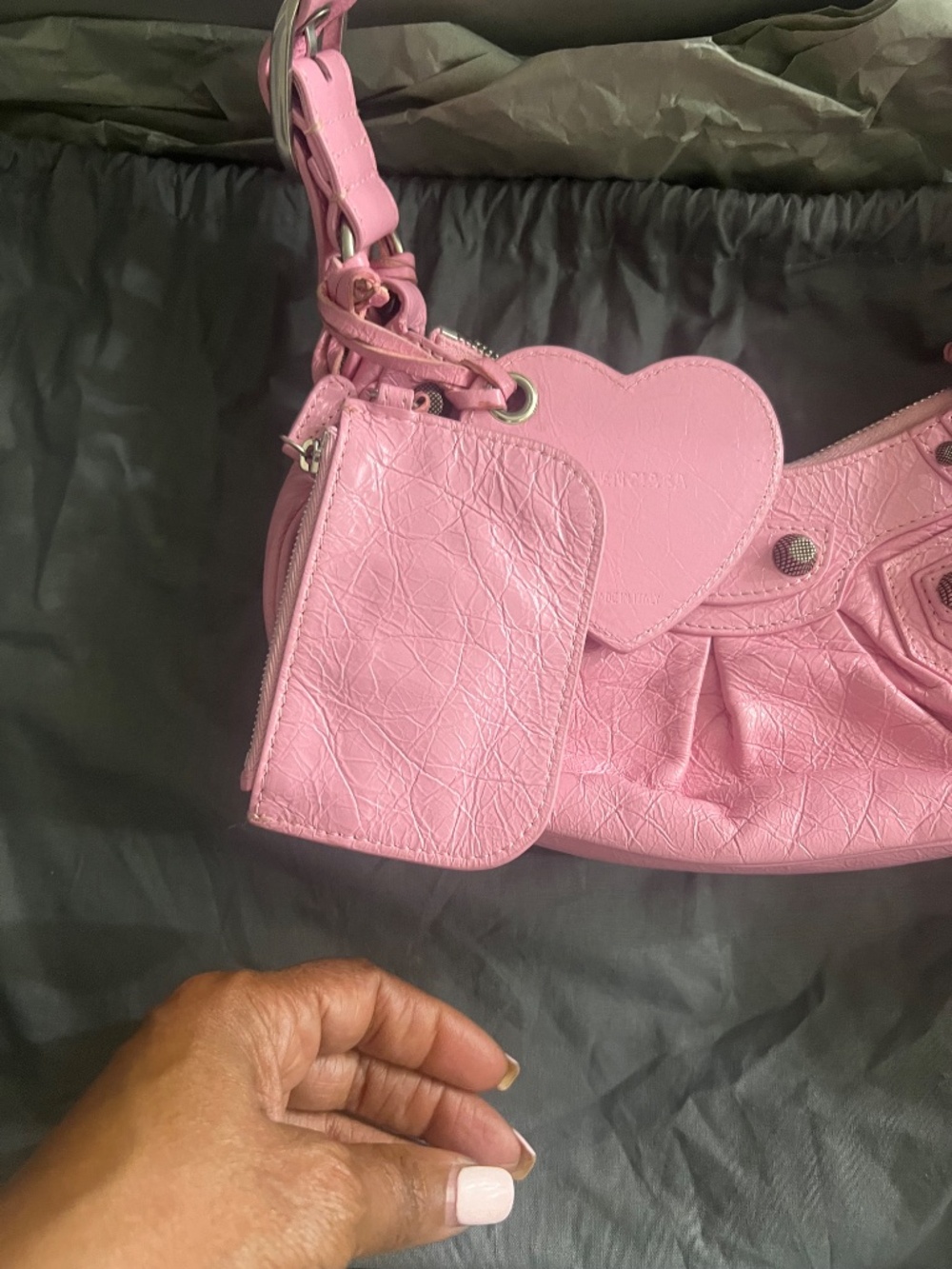 Balenciaga Pink Leather Studded Shoulder Bag with Heart Mirror Charm - Picture 5 of 10